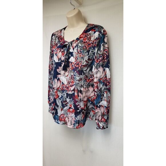 Faded Glory Women's Metallic Floral Blouse/Top Red Blue & Silver Small(4-6) - Picture 5 of 7